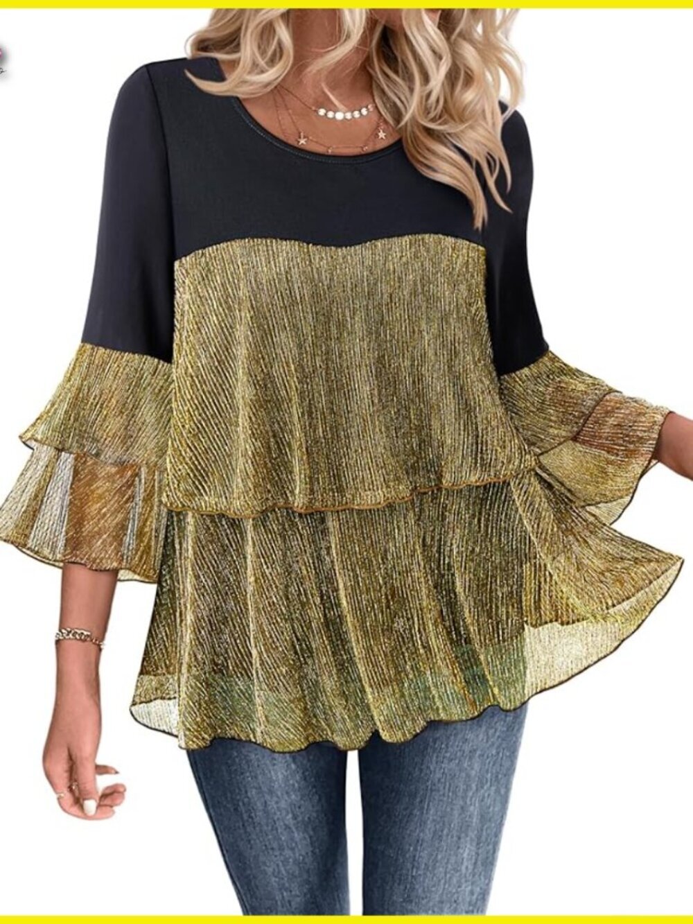 Sparkly Peplum Blouse Elegant Evening Wear 3/4 Sleeve Ruffles Flowy Top